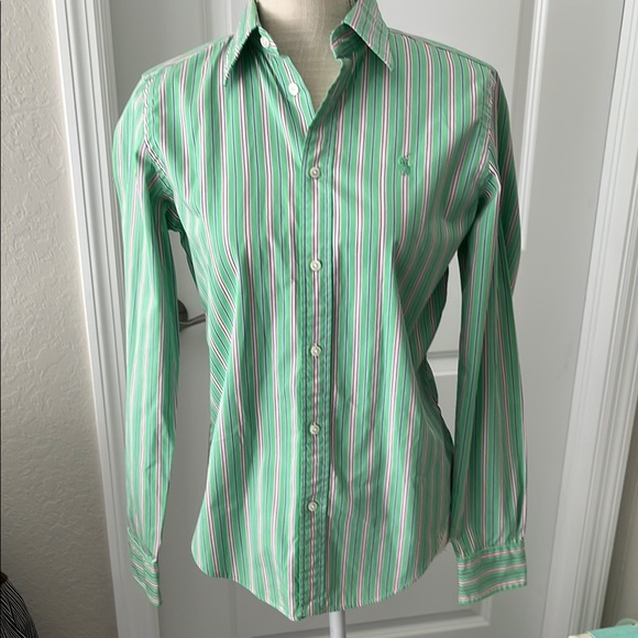Ralph Lauren Tops - Ralph Lauren Green and Purple stripe Green Pony Button Down Shirt